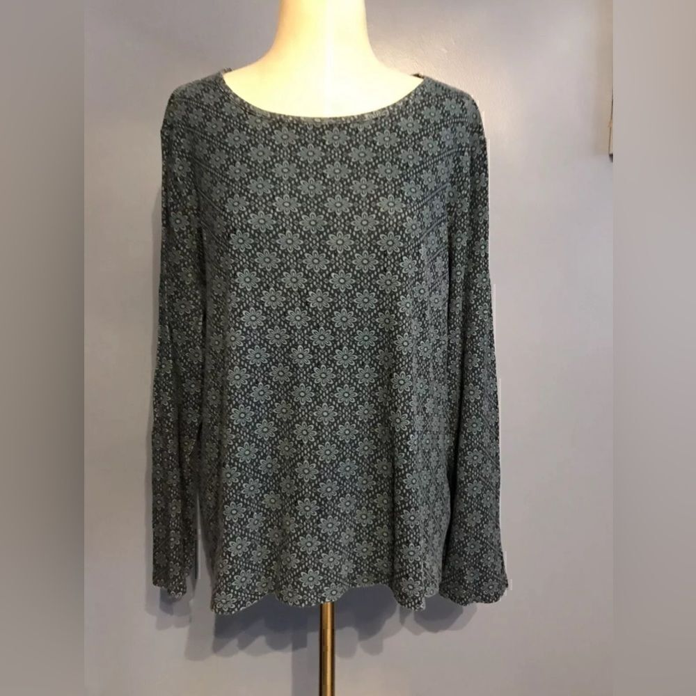 Time and Tru Womens Blue Floral Long Sleeve Cotton Top - XXL 2XL